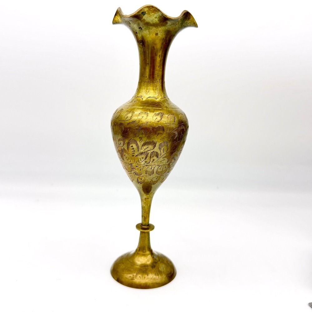 Vintage Etched Brass Vase 10in Pedestal Fluted Rim Botanical Leaf Pattern